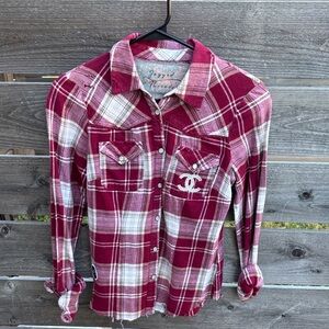 Repurposed and distressed Red Plaid Pearl Snap Shirt by “Jagged Threads”
